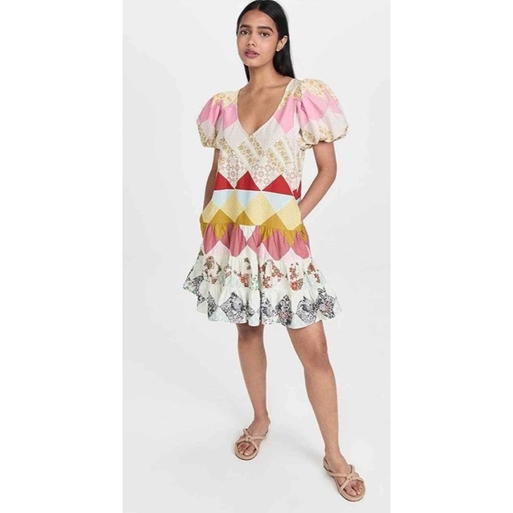 Love The Label Valentine print Puff Sleeve Tiered Mini Dress V-Neck Size S